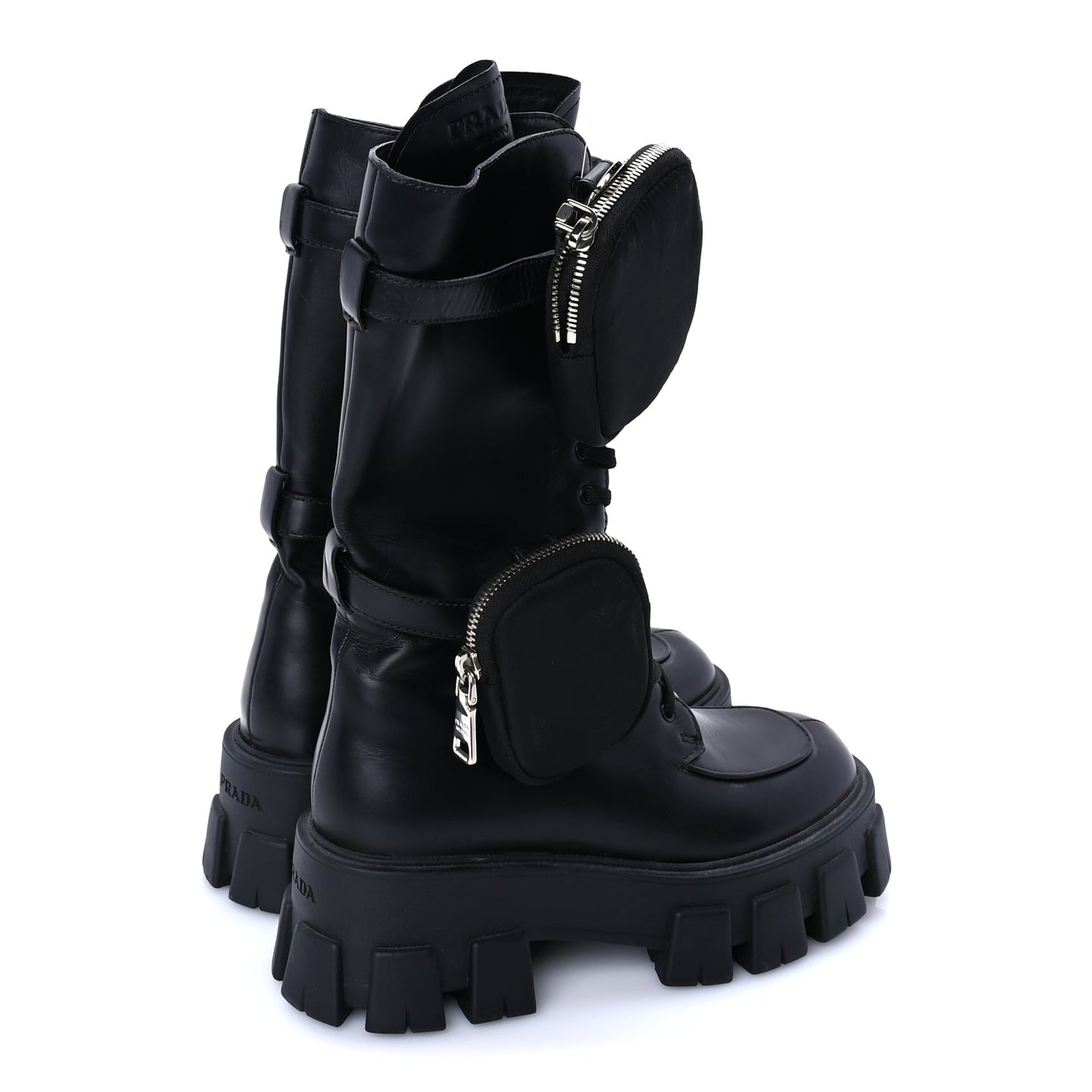 Prada Vitello Lux Nylon Metal Triangle Logo Monolith Pouch Pocket 55mm Tall Combat Boots 37 Black