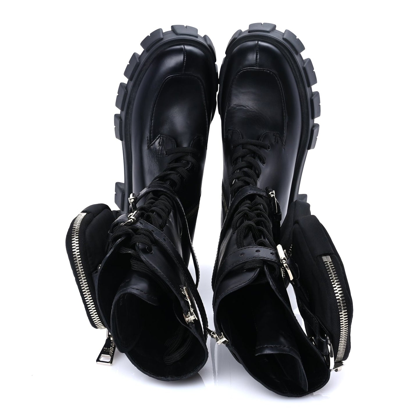Prada Vitello Lux Nylon Metal Triangle Logo Monolith Pouch Pocket 55mm Tall Combat Boots 37 Black