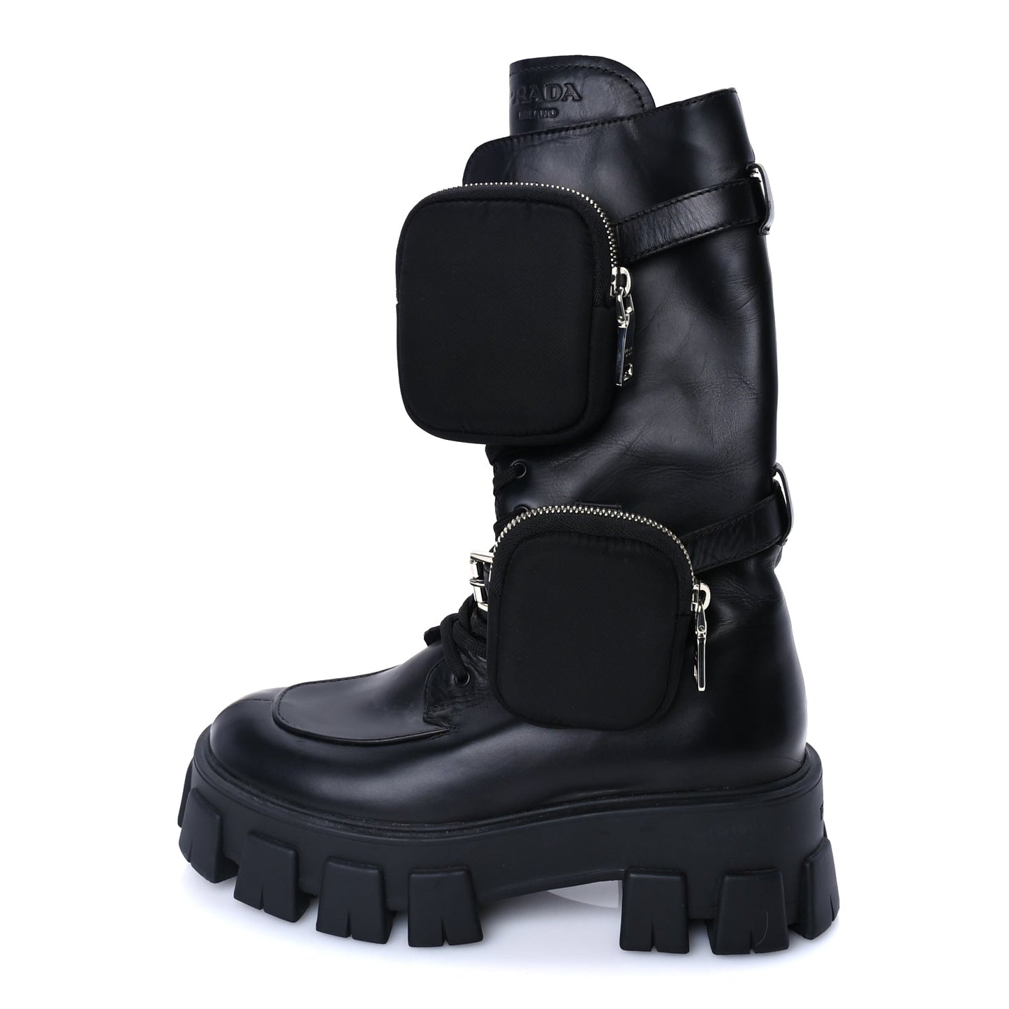 Prada Vitello Lux Nylon Metal Triangle Logo Monolith Pouch Pocket 55mm Tall Combat Boots 37 Black