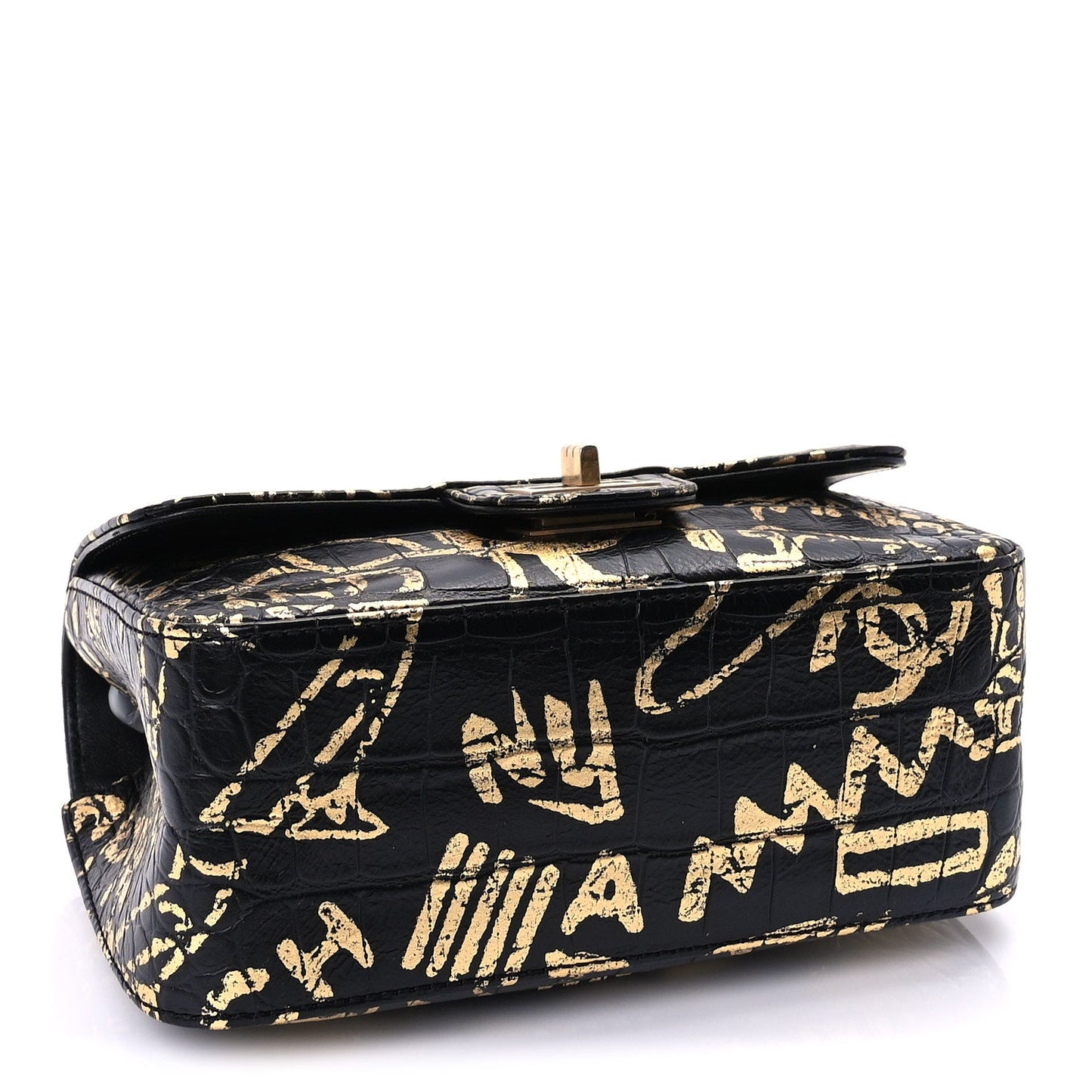 Chanel Calfskin Crocodile Embossed Graffiti 2.55 Mini Cocodile Reissue Flap  Black Gold