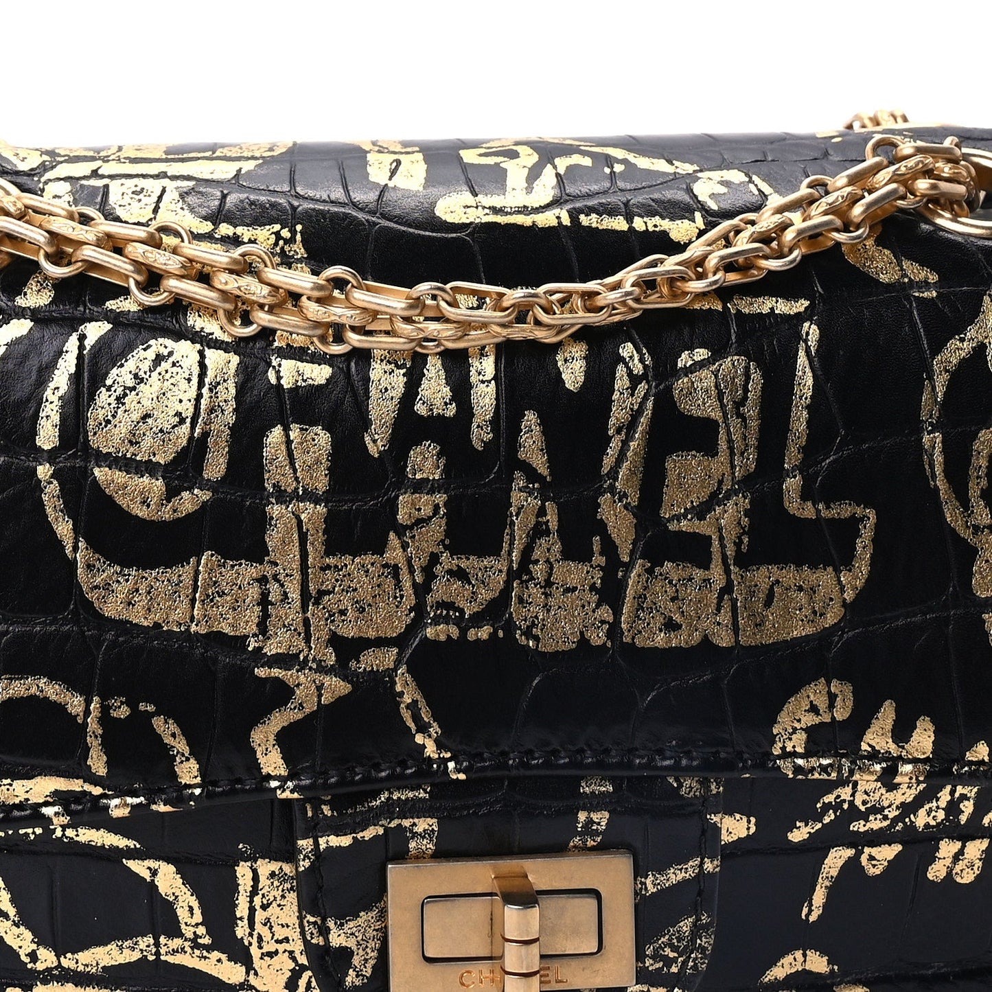 Chanel Calfskin Crocodile Embossed Graffiti 2.55 Mini Cocodile Reissue Flap  Black Gold