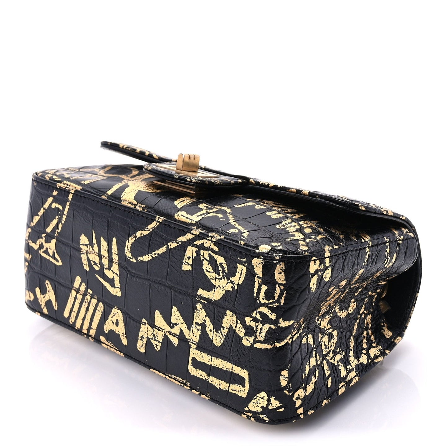 Chanel Calfskin Crocodile Embossed Graffiti 2.55 Mini Cocodile Reissue Flap  Black Gold