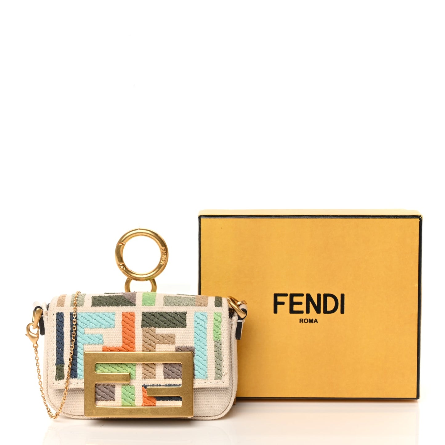 Fendi Canvas Nappa FF Multicolor Embroidered Nano Maxi Buckle Baguette Charm Grezzo Multicolor Latte