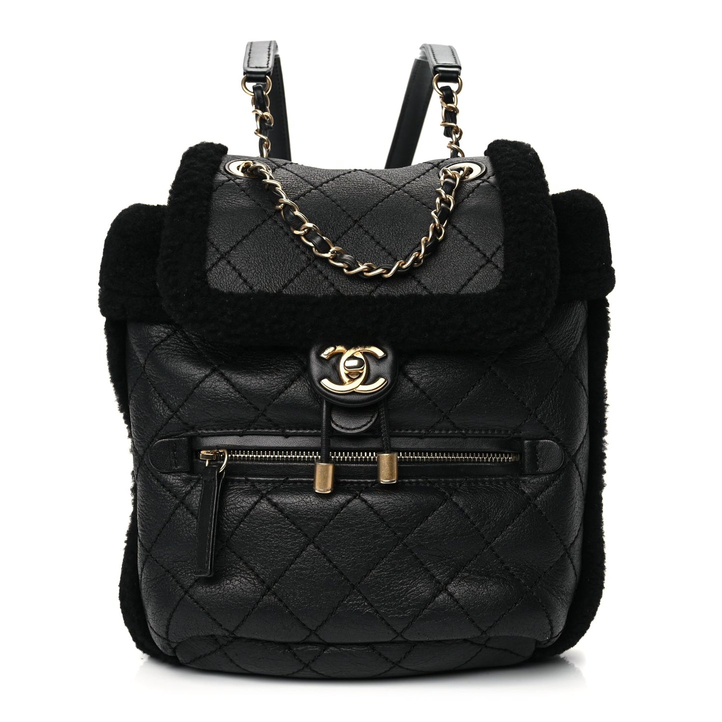 Chanel Lambskin Shearling Quilted CC Backpack Black