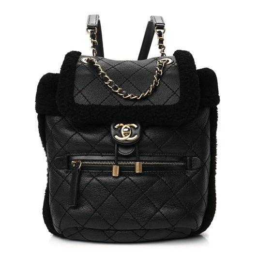 Chanel Lambskin Shearling Quilted CC Backpack Black