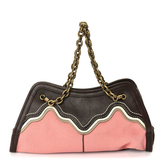 Bottega Veneta Canvas Calfskin Trimmed Shoulder Bag  Pink Brown