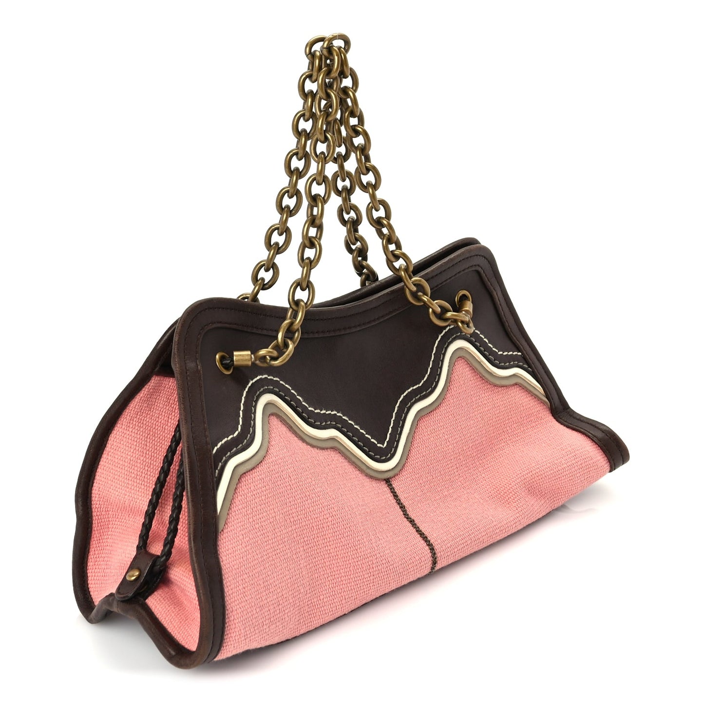 Bottega Veneta Canvas Calfskin Trimmed Shoulder Bag  Pink Brown