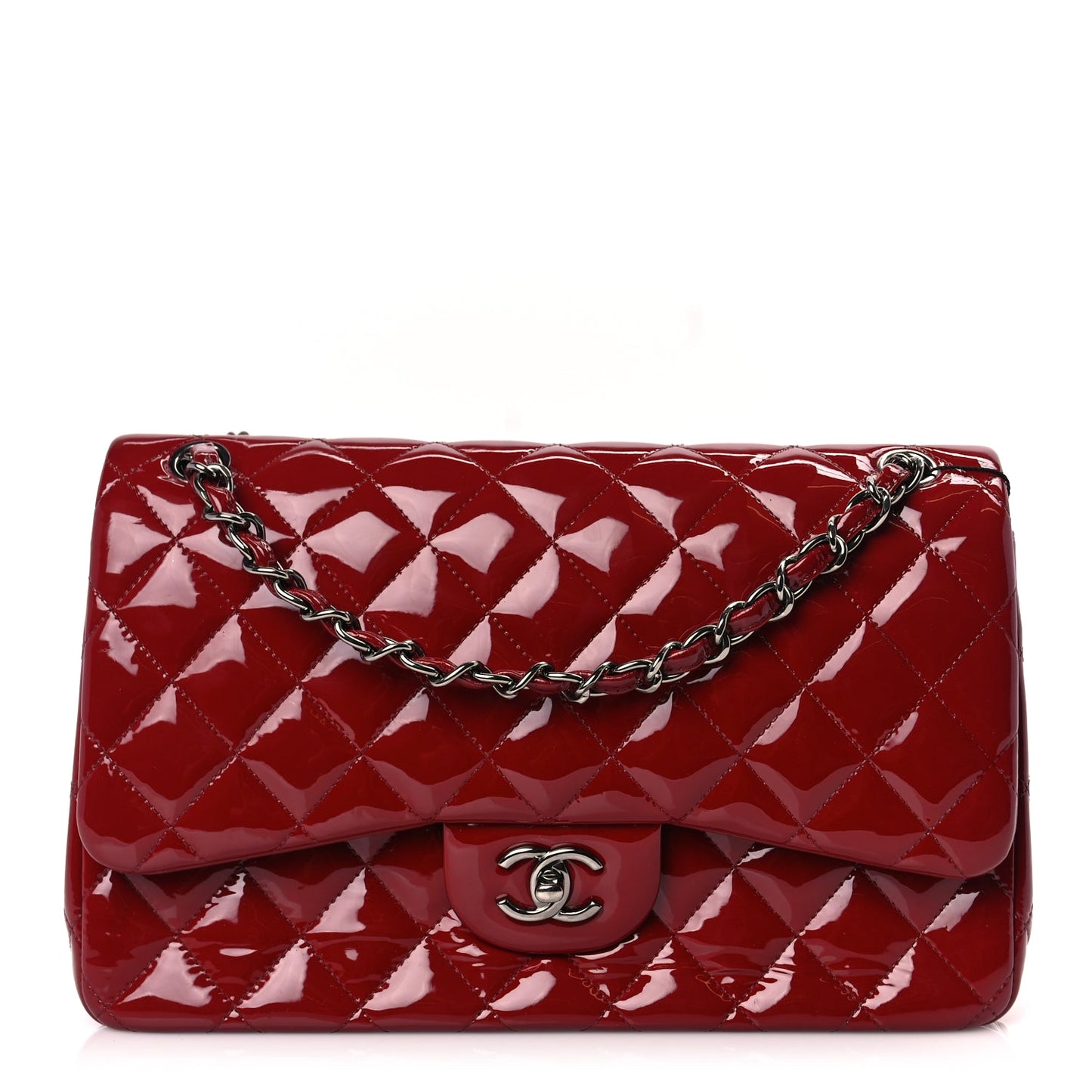 Chanel Patent Quilted Jumbo Double Flap Dark Red