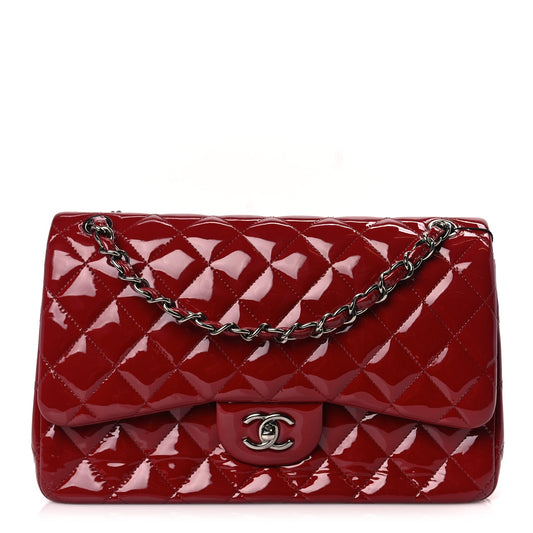 Chanel Patent Quilted Jumbo Double Flap Dark Red