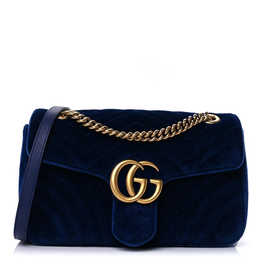 Gucci Velvet Matelasse Medium GG Marmont Shoulder Bag Cobalt Blue
