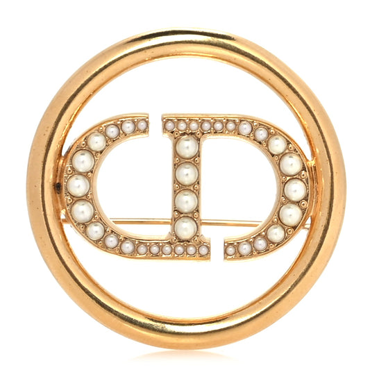 Christian Dior Metal Pearl 30 Montaigne Brooch Gold White