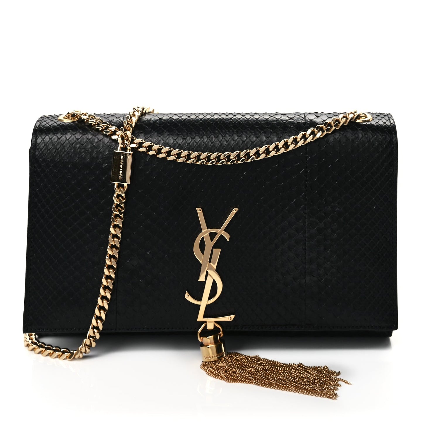 Saint Laurent Snakeskin Medium Classic Monogram Kate Tassel Satchel Black