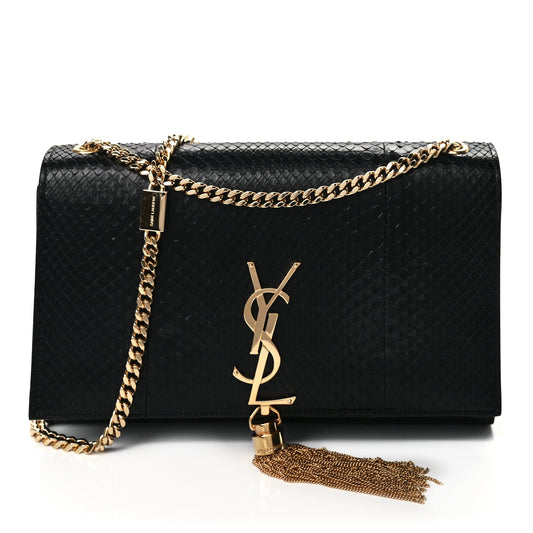 Saint Laurent Snakeskin Medium Classic Monogram Kate Tassel Satchel Black