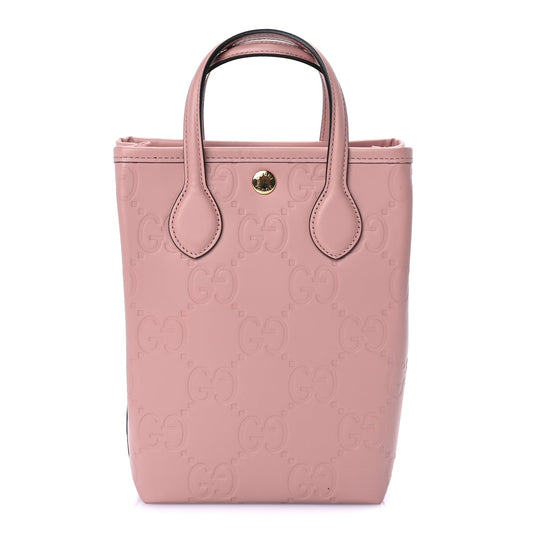 Gucci Gilbert Calfskin Jumbo GG Embossed Super Mini Tote Bag Porcelain Rose