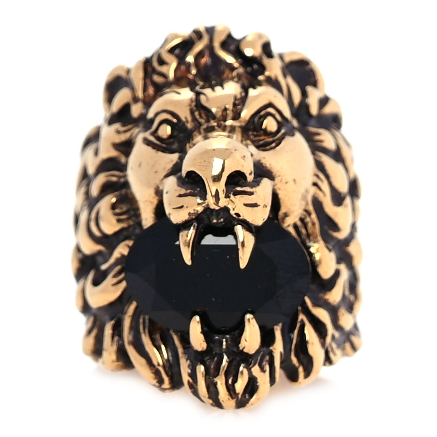 Gucci Metal Crystal Lion Head Ring 19 Black Aged Gold