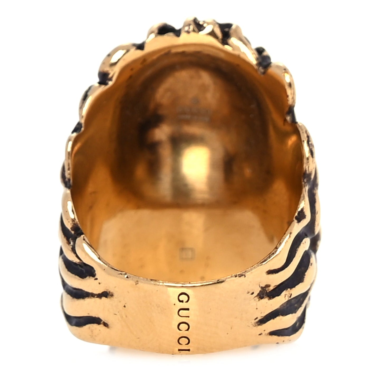 Gucci Metal Crystal Lion Head Ring 19 Black Aged Gold