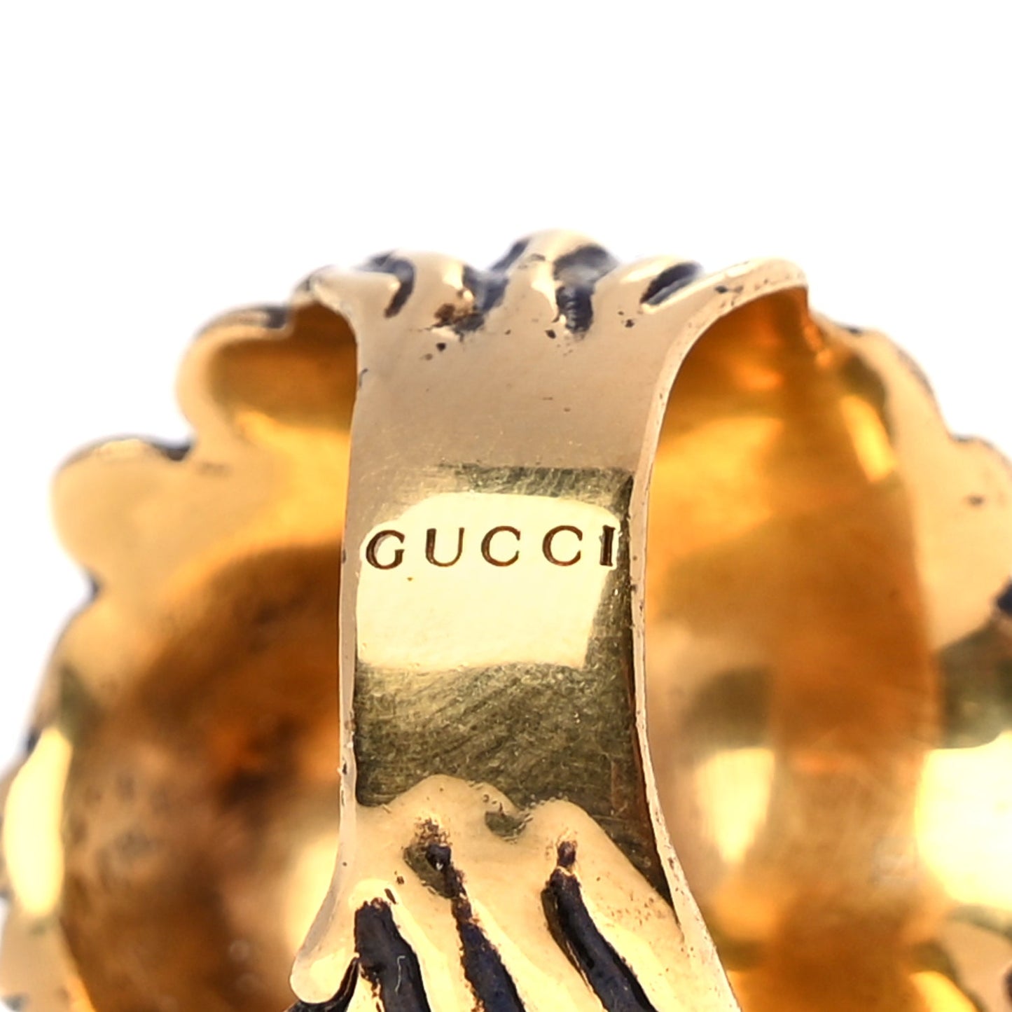 Gucci Metal Crystal Lion Head Ring 19 Black Aged Gold