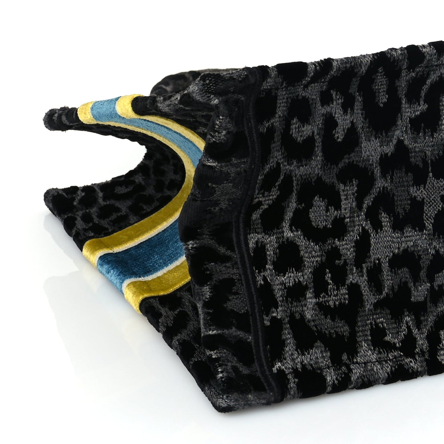 Christian Dior Velvet Mizza Embroidered Medium Leopard Book Tote Black Yellow Blue
