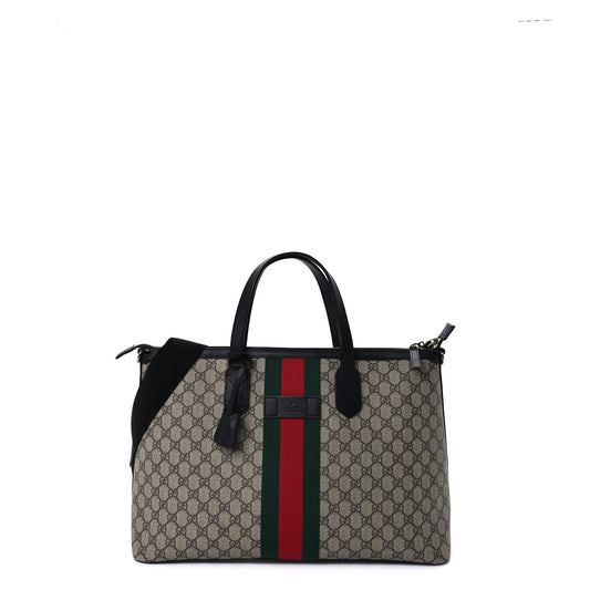 Gucci GG Supreme Monogram Web Medium Zippered Tote  Beige Black