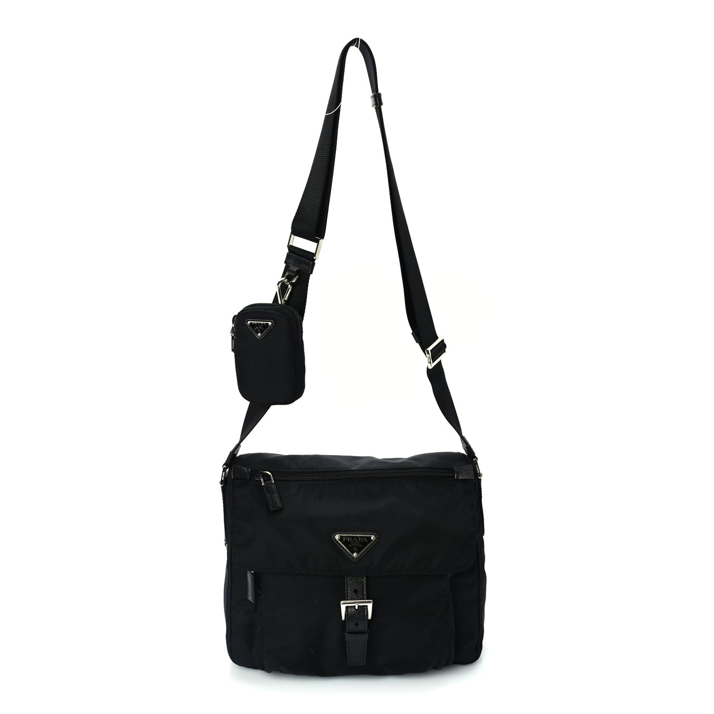 Prada Re-Nylon Vela Saffiano Pocket Single Buckle Messenger Shoulder Bag  Black