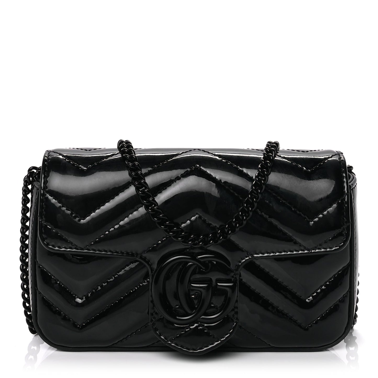 Gucci Patent Lambskin Enamel Matelasse Monochrome Super Mini GG Marmont Shoulder Bag  Black
