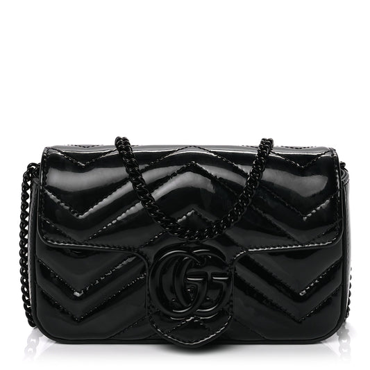 Gucci Patent Lambskin Enamel Matelasse Monochrome Super Mini GG Marmont Shoulder Bag  Black