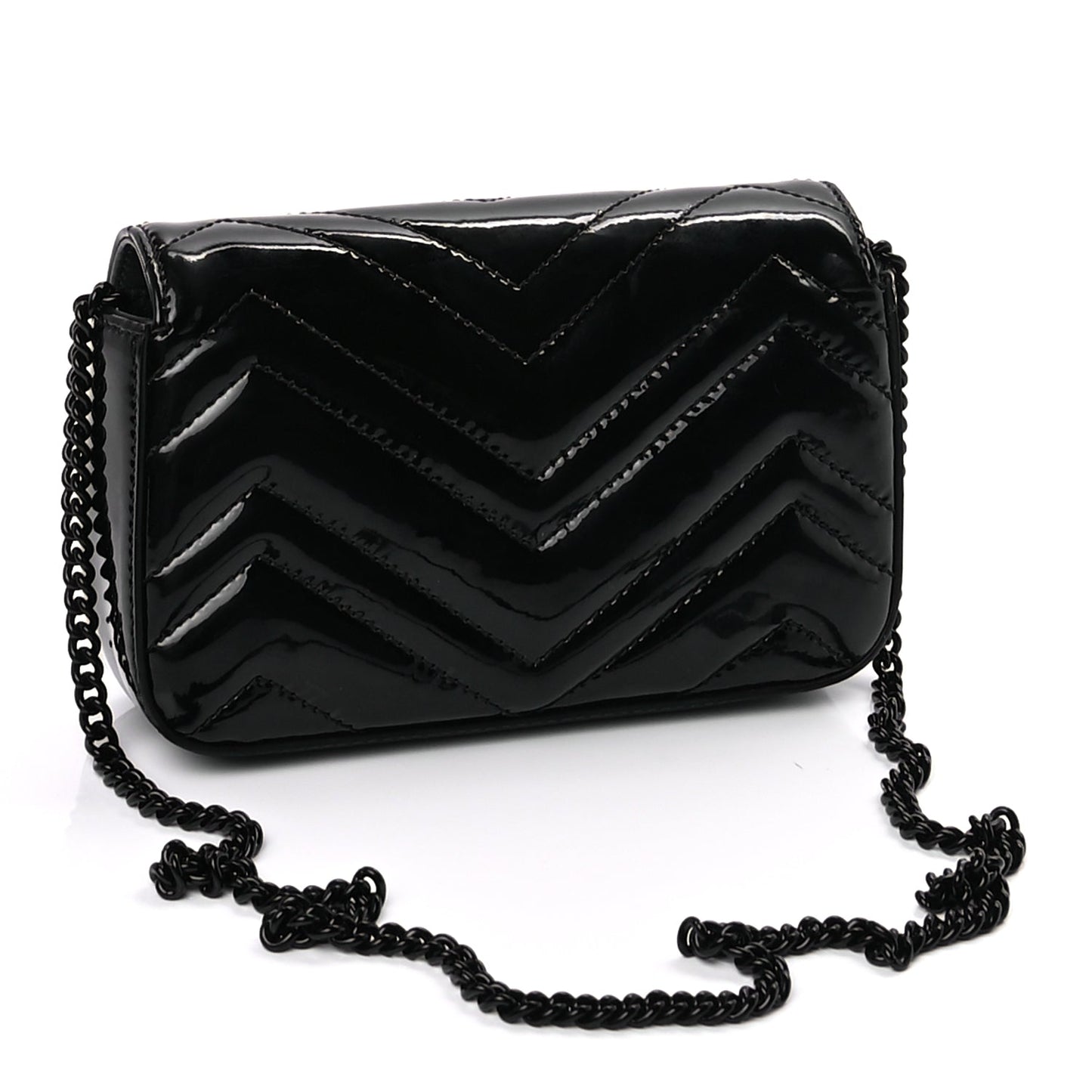 Gucci Patent Lambskin Enamel Matelasse Monochrome Super Mini GG Marmont Shoulder Bag  Black