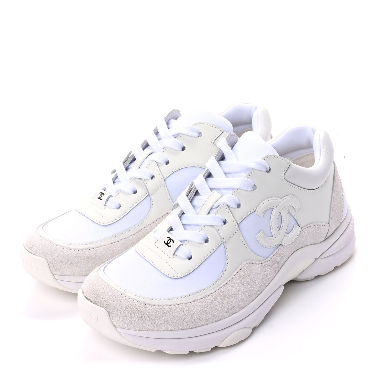 Chanel Suede Calfskin Fabric CC Sneakers 37.5 White