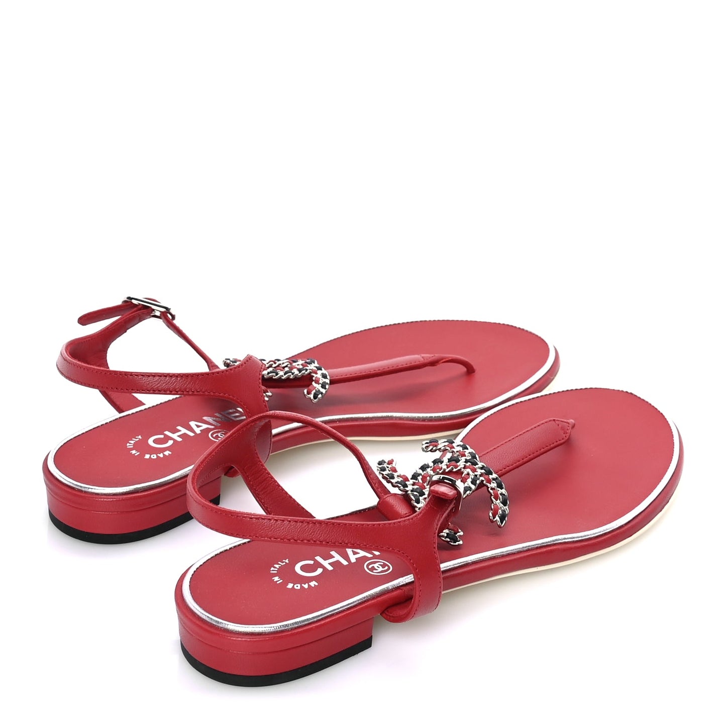 Chanel Lambskin CC Chain Thong Sandal 38 Red