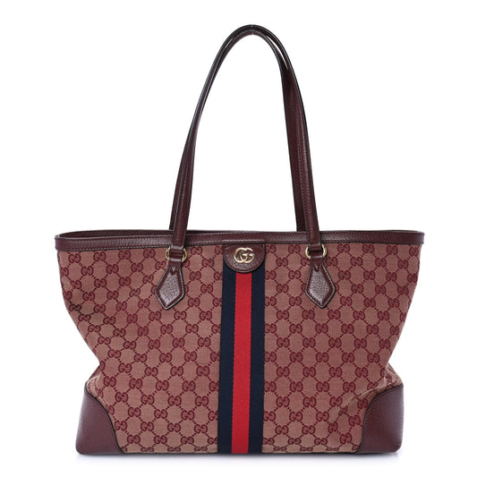 Gucci Monogram Textured Dollar Calfskin Web Medium Ophidia Shopping Tote  Sahara Rubino Chardonnay