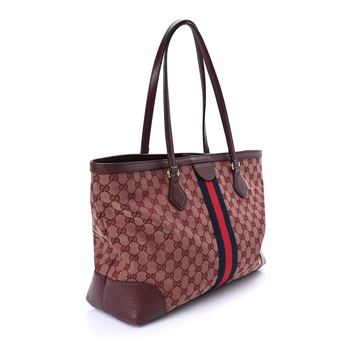 Gucci Monogram Textured Dollar Calfskin Web Medium Ophidia Shopping Tote  Sahara Rubino Chardonnay