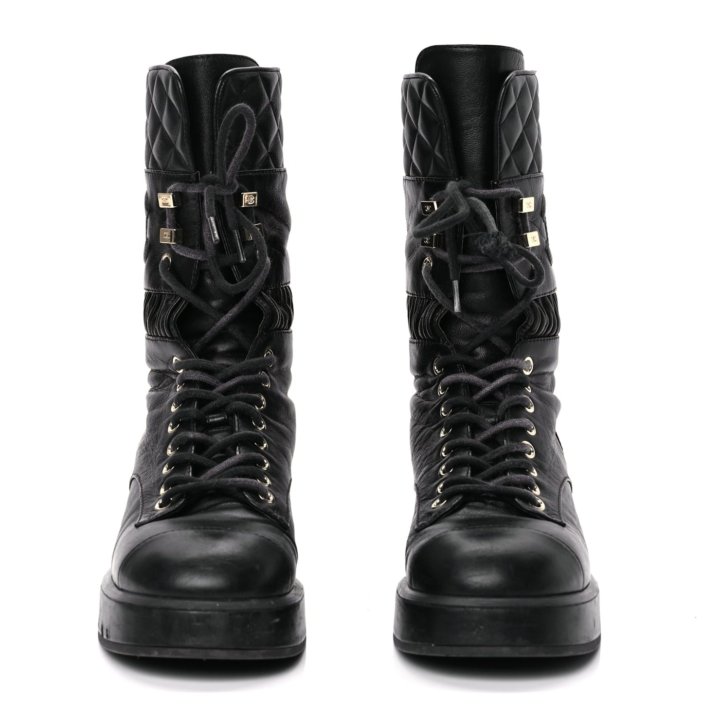Chanel Lambskin Quilted Lace Up Combat Boots 37 Black