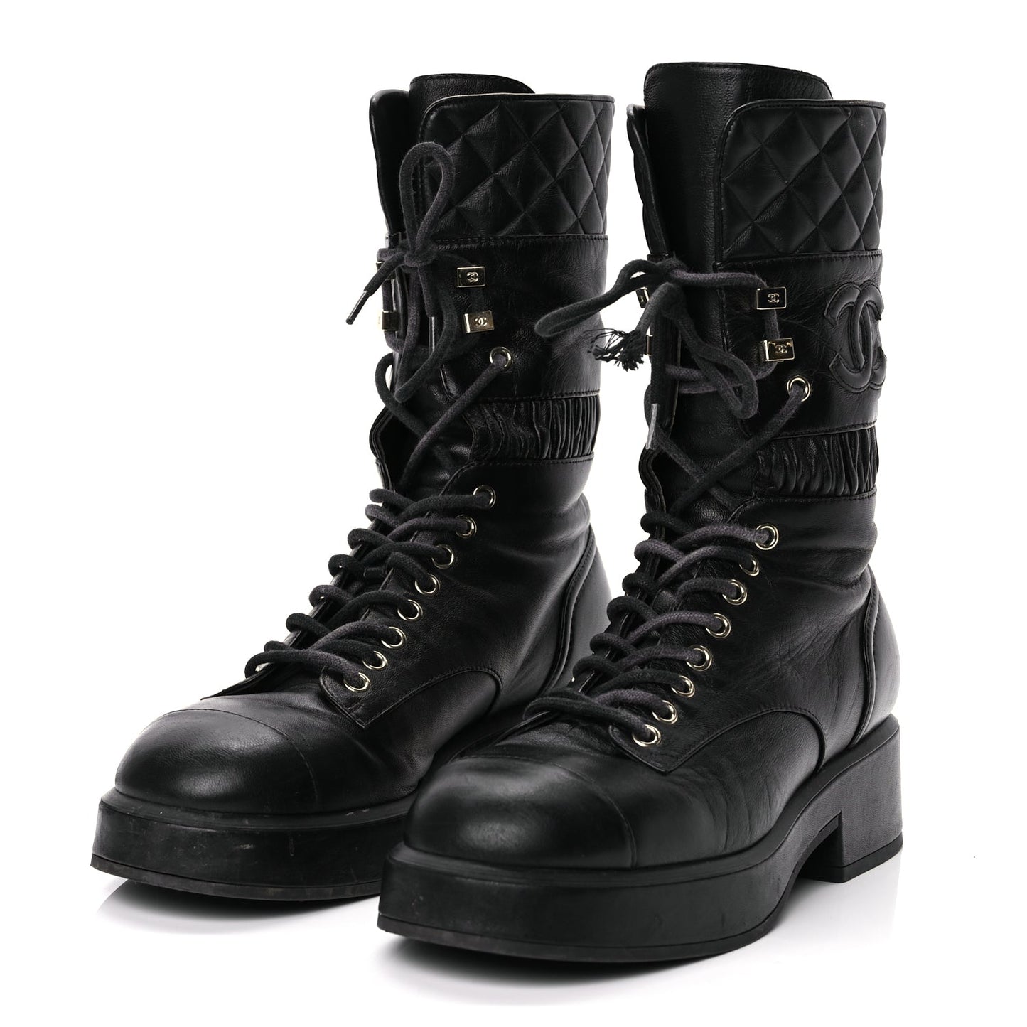 Chanel Lambskin Quilted Lace Up Combat Boots 37 Black