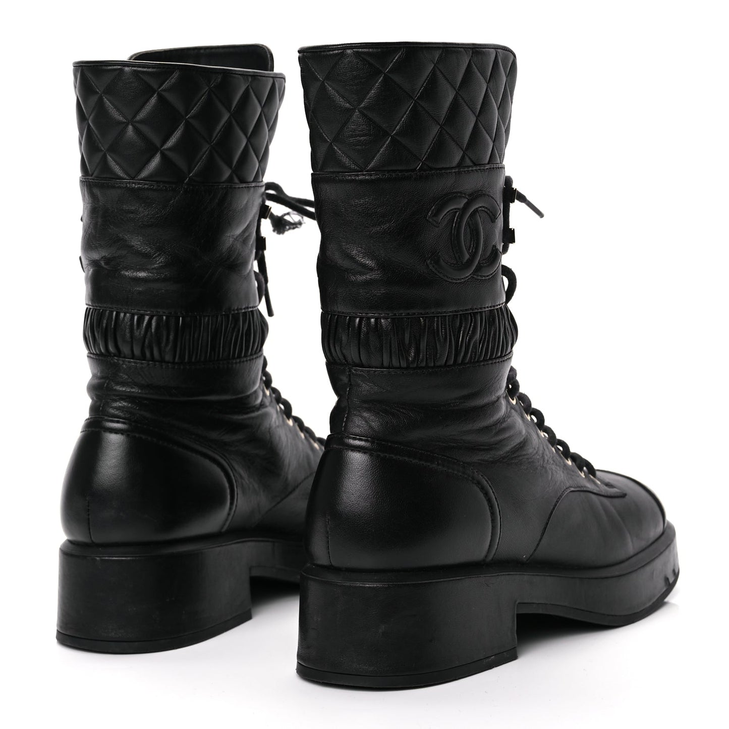 Chanel Lambskin Quilted Lace Up Combat Boots 37 Black