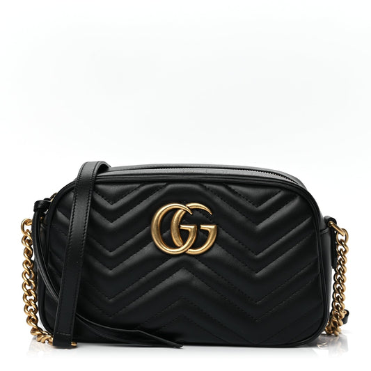 Gucci Calfskin Matelasse Small GG Marmont Chain Shoulder Bag Black