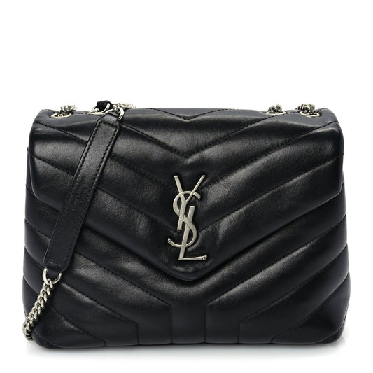 Saint Laurent Calfskin Y Quilted Monogram Small Loulou Chain Satchel Black