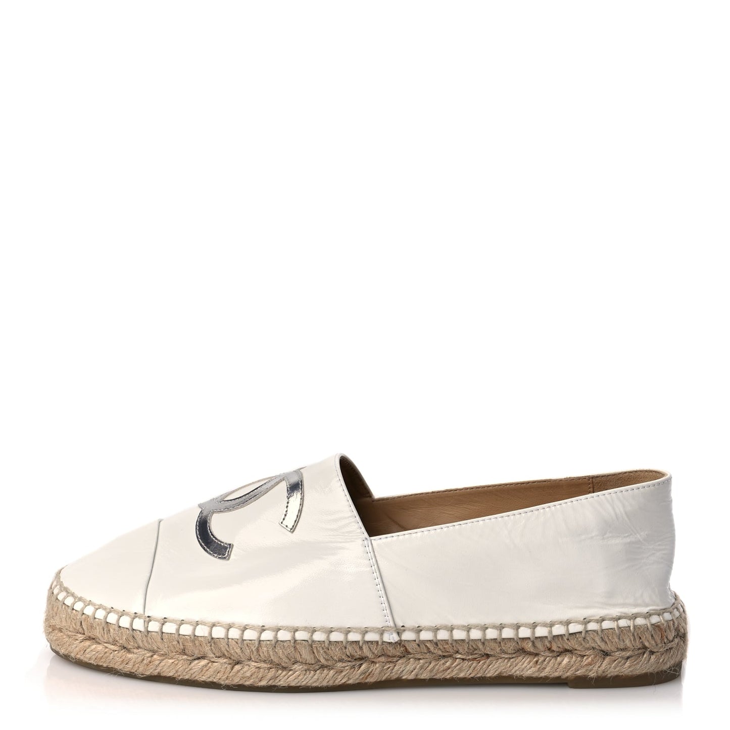 Chanel Distressed Patent CC Espadrilles 40 White Silver