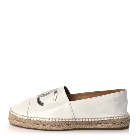 Chanel Distressed Patent CC Espadrilles 40 White Silver