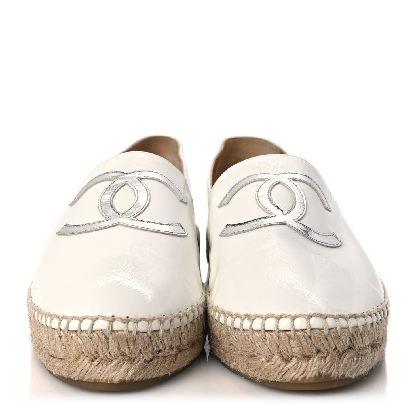 Chanel Distressed Patent CC Espadrilles 40 White Silver