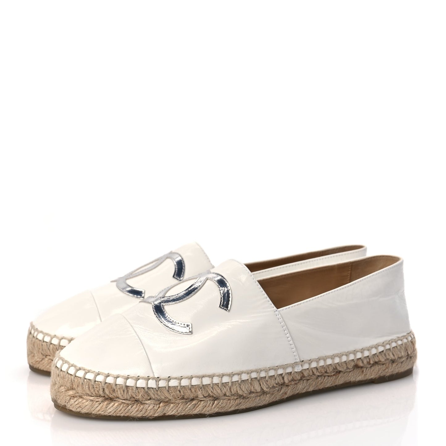 Chanel Distressed Patent CC Espadrilles 40 White Silver