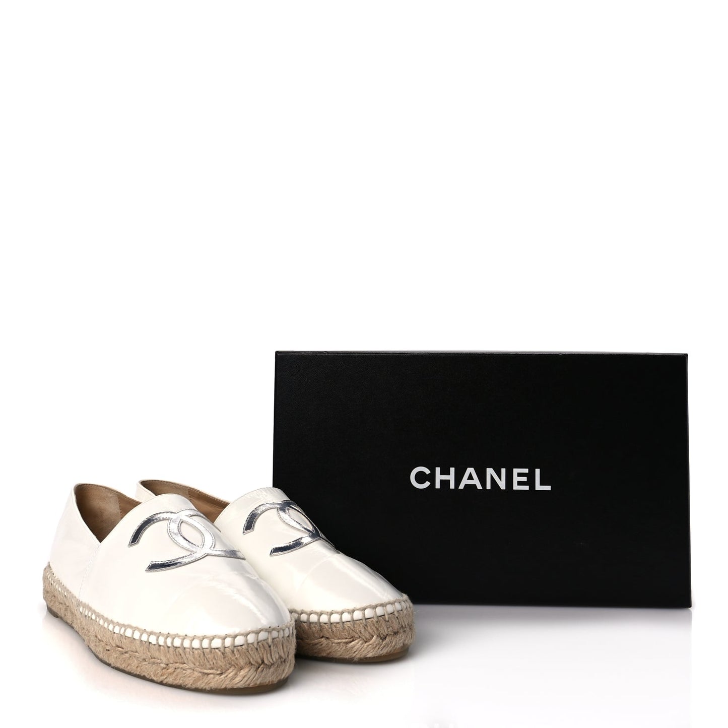 Chanel Distressed Patent CC Espadrilles 40 White Silver