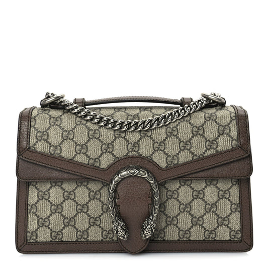 Gucci GG Supreme Monogram Textured Dollar Calfskin Top Handle Dionysus Shoulder Bag Beige Ebony New Acero