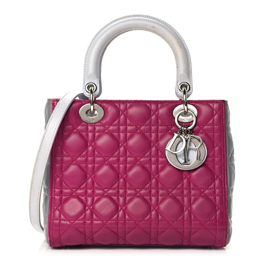Christian Dior Lambskin Cannage Medium Tri-Color Lady Dior Fuchsia Grey Light Blue