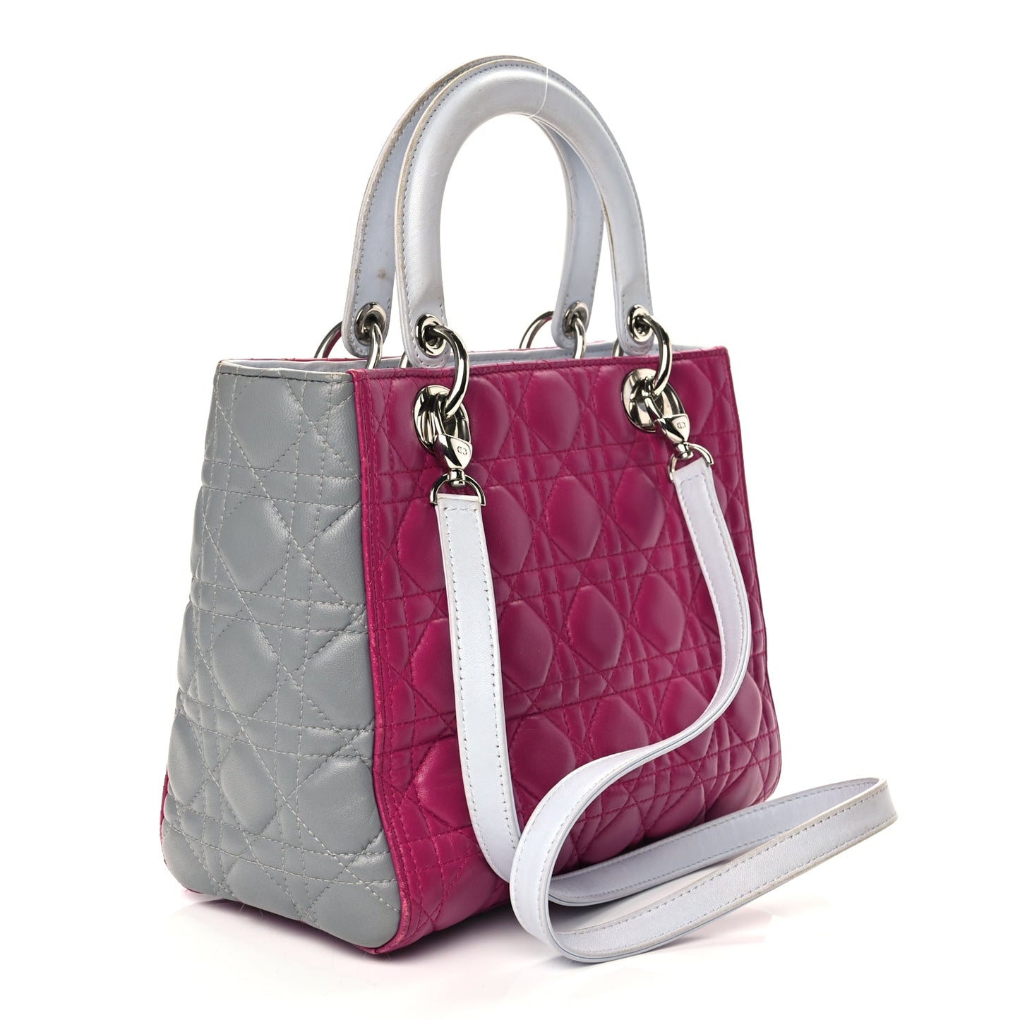 Christian Dior Lambskin Cannage Medium Tri-Color Lady Dior Fuchsia Grey Light Blue