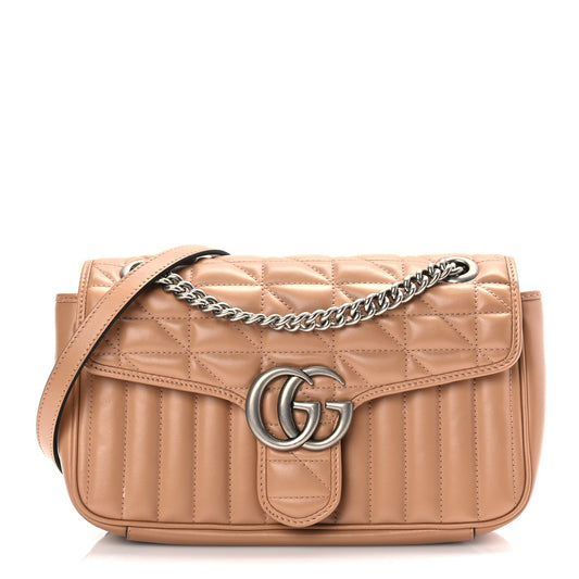 Gucci Calfskin Matelasse Aria Small GG Marmont Shoulder Bag Camelia
