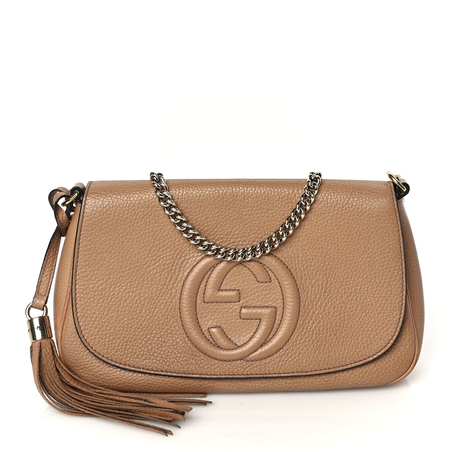 Gucci Pebbled Calfskin Medium Soho Flap Crossbody Camelia