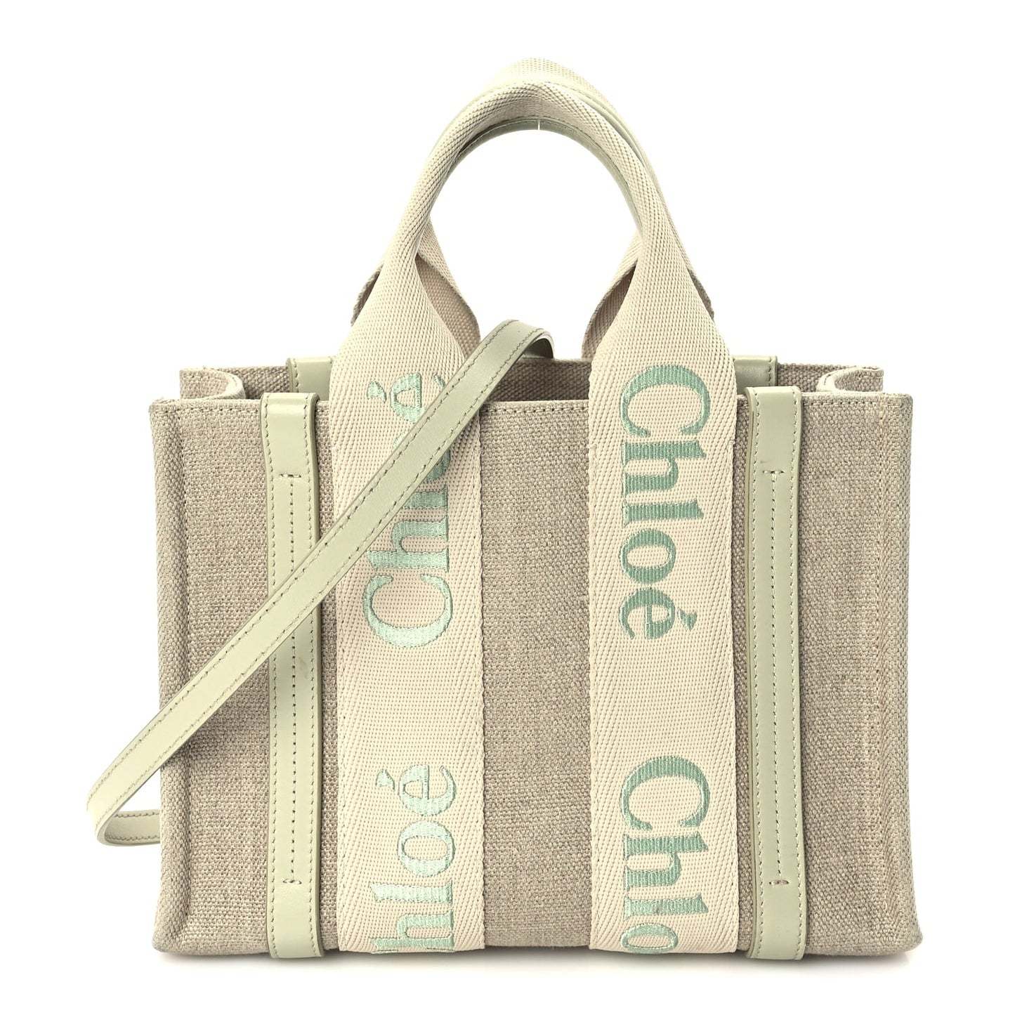 Chloe Linen Calfskin Small Woody Ribbon Tote With Strap  Light Eucalyptus