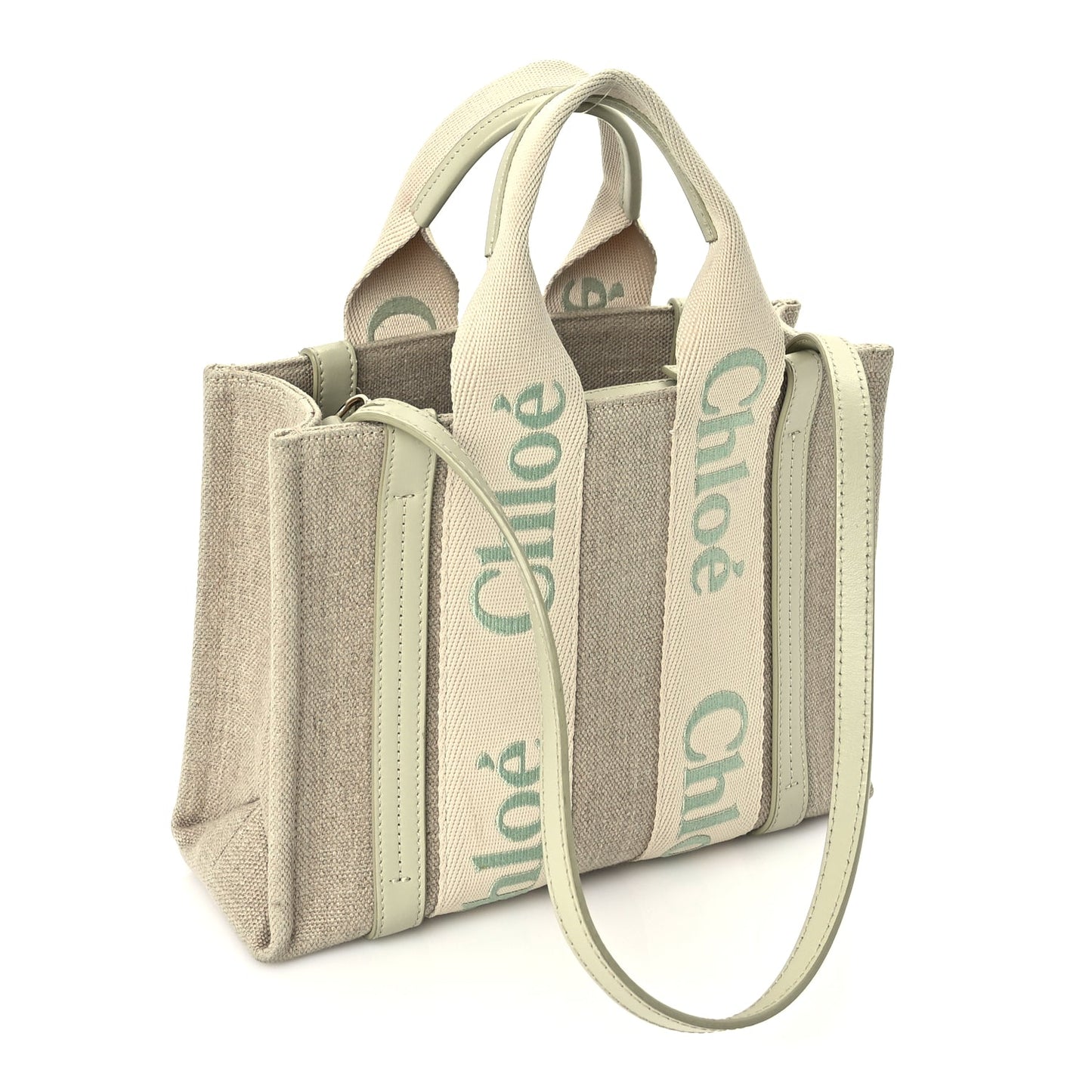 Chloe Linen Calfskin Small Woody Ribbon Tote With Strap  Light Eucalyptus