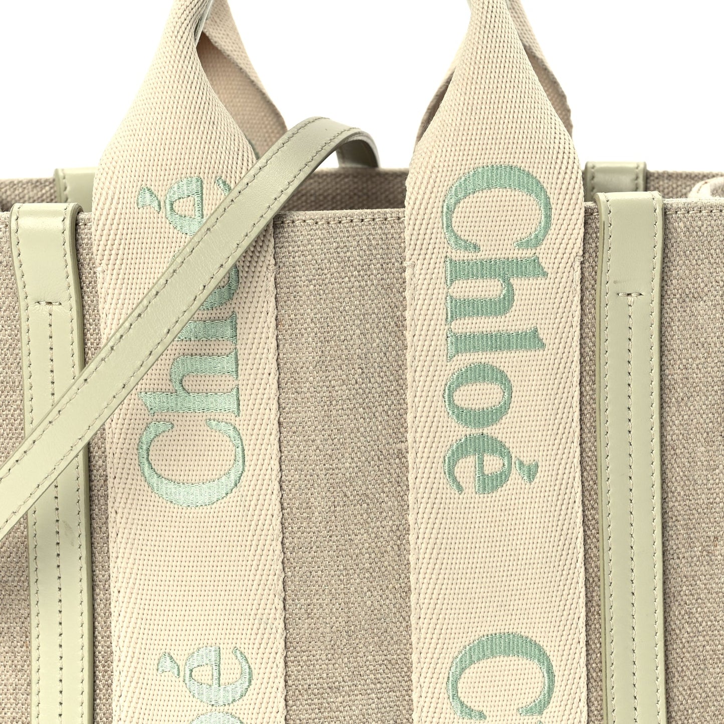 Chloe Linen Calfskin Small Woody Ribbon Tote With Strap  Light Eucalyptus