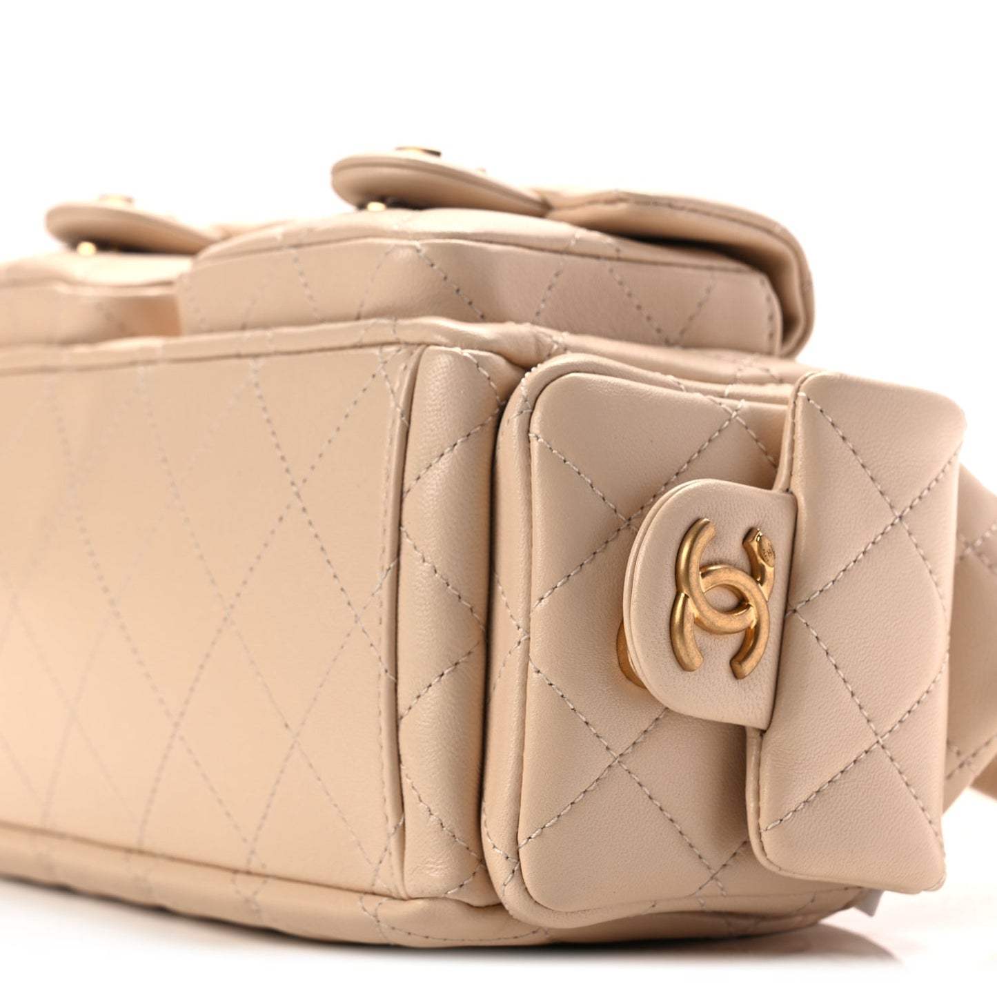 Chanel Shiny Lambskin Quilted Trendy Pockets Hobo Beige